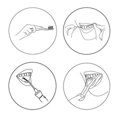 Infographics of home oral care procedures, brushing teeth, brushing tongue, using dental floss and irrigator, vector outline illustration