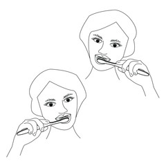 woman brushing teeth, set of two images, holding a toothbrush in her right hand or in her left hand, outline vector illustration