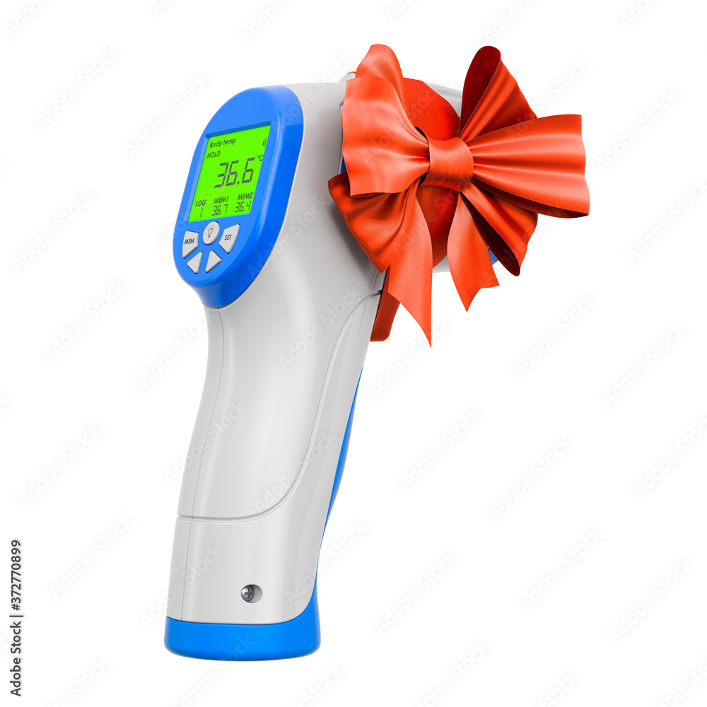 Poster digital non-contact ir infrared thermometer with red bow and ribbon, 3d rendering