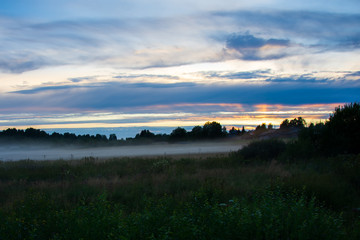 Fog over a field in a village on a summer evening. Low depth of field