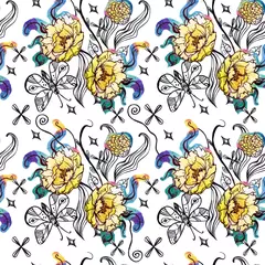 Behang Seamless pattern. Branches, watercolor flowers, butterfly, leaves on a white background, suitable for vintage textiles, packaging paper and item design, for holiday cards, for clothing © Людмила Пушкина