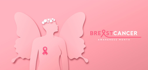 Breast cancer month pink papercut butterfly woman