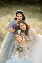 three beautiful young females with makeup and hairstyle in delicate summer dresses