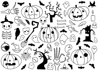 Big halloween set of different spooky cartoon elements on white background. Drawn by hand doodle scary symbols for halloween decorations. Raven, pumpkin, ghost, bat, skeleton, witch. broom.