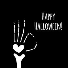 Halloween illustration of skeleton hand with quote on black background. Drawn by hand halloween vector doodle with funny quotes. Spooky decorations.