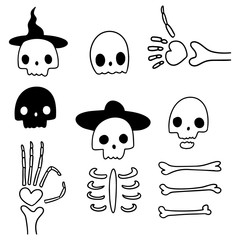 Vector illustrations of simple skeletons on white background. Drawn by hand halloween doodle set of skeletons and bones for different decorative spooky designs. Skeleton gesture. Thumbs up.