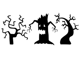 Vector illustrations of black tree silhouettes on white background. Drawn by hand doodle halloween scary trees for spooky decorations.