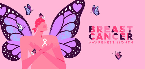 Breast cancer banner of butterfly wing woman