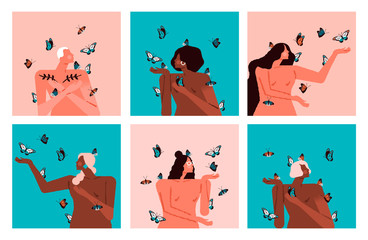 Diverse women character set with butterfly