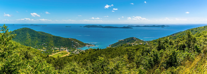 A panorama view from the Ridge Road on Tortola towards the Francis Drake channel and the Norman,...