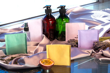 Fototapeta na wymiar natural care liquid soap lotion masks for women
