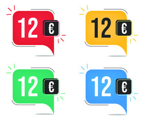 12 euro price. Yellow, red, blue and green currency tags with balloon concept.