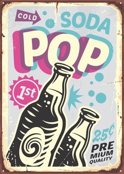 Soda poster design in retro style with two bottles on the bottom of image. Vector vintage illustration.