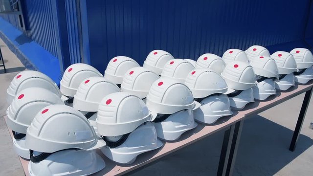 Engineering personnel helmets during a strike