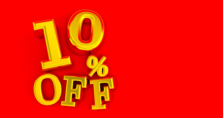 10% off. Gold ten percent. gold forty percent on white background. 3D render.