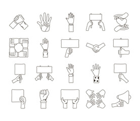 bundle of twenty hands protest set collection icons