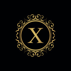 Golden letter X template logo Luxury letter with crown. Monogram alphabet . Beautiful royal initials letter.	
