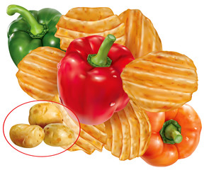 Potato chips with colorful pepper paprika