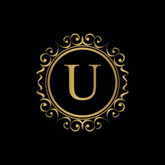 Golden letter U template logo Luxury letter with crown. Monogram alphabet . Beautiful royal initials letter.	
