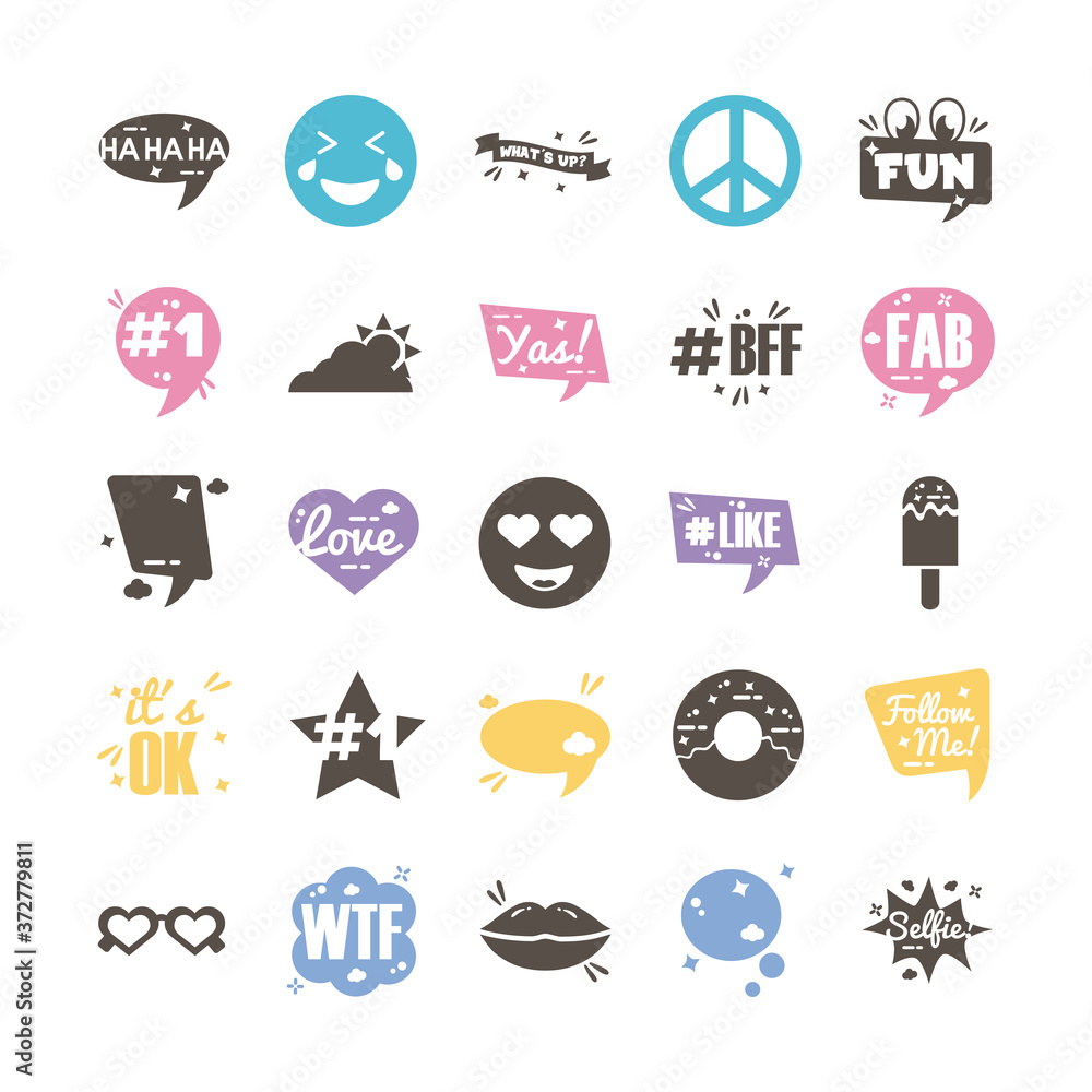 Poster bundle of twenty five slang set collection icons