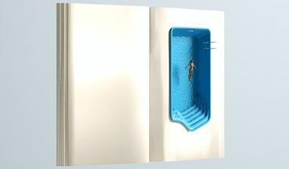 Book with swimming pool, metaphorically represents reading during the summer on vacation, conceptual immersion in reading, 3d illustration, 3d rendering
