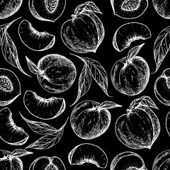 Seamless pattern with peach fruit. Hand drawn sketch. Black and white style illustration. Vector illustration.