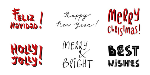Cute set of greeting lettering Merry Christmas on English and Spanish,Happy New Year, Holly Jolly, best wishes and other