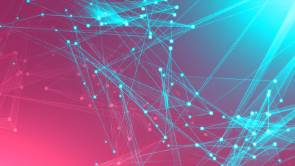 Abstract pink green polygon tech network with connect technology background. Abstract dots and lines texture background. 3d rendering.