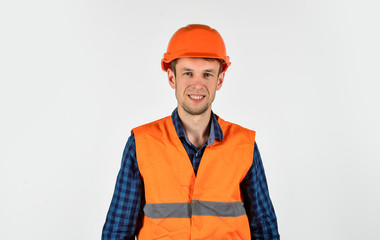 Man wear protective hard hat repair works, cheap renovation ideas concept