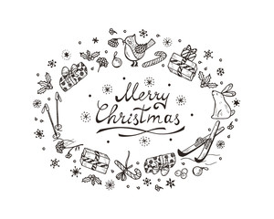 Merry Christmas card with hand drawn lettering and celebratory items. Holiday background. Festive frame. Christmas wreath