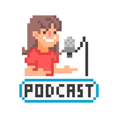 Fototapeta premium Happy smiling woman hosting podcast, 8 bit pixel art icon isolated on white background. Girl streaming online show. Radio personality broadcasting live. Vintage retro video game graphics.