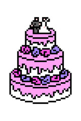 Pixel art three tier wedding cake decorated with purple and pink roses, dripping icing and bride and groom figures topper.Old school vintage retro 80s, 90s slot machine/video game graphics.