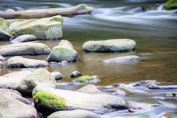 The Bode valley in the Harz Mountains was photographed with a tripod using a gray filter to give the water a fog effect