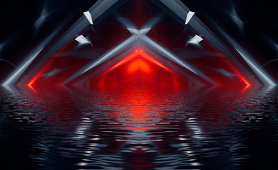 Abstract dark modern futuristic background with red neon light, beams and spotlights. Reflection of night lights in the water. Light tunnel, neon light. Empty night scene. 3D illustration.