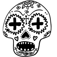 Mexican sugar skull. Day of the dead. Dia de los muertos. Floral Decorated skull. Vector illustration. Doodle element for logo, label, emblem, sign, poster, t shirt. Vector illustration