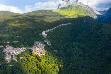 aerial view of the town of pietracamela in the mountain area of gran sasso italy