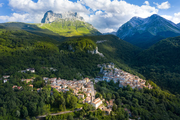 panoramic aerial view of the village of pietracamela in the mountain area of gran sasso italy and pizzo intermersoli mountain