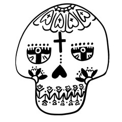 Mexican sugar skull. Day of the dead. Dia de los muertos. Floral Decorated skull. Vector illustration. Doodle element for logo, label, emblem, sign, poster, t shirt. Vector illustration