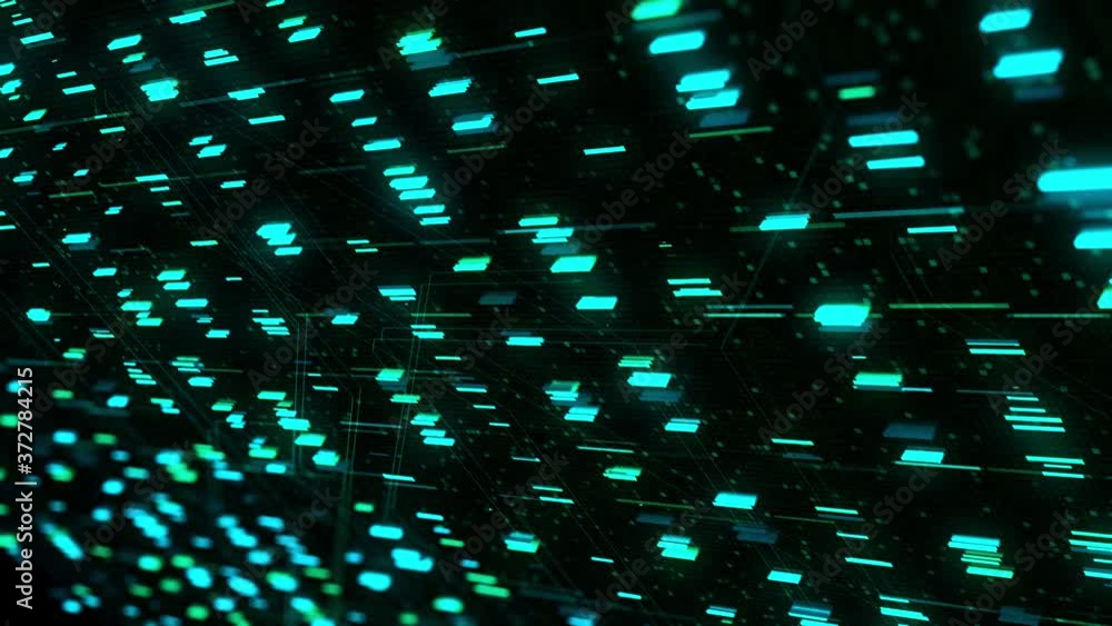 Poster abstract flowing rectangular particles of blue color on black background, seamless loop. animation. 