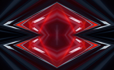 Abstract dark modern futuristic background with red neon light, beams and spotlights. Symmetrical reflection. Light tunnel, neon light. Empty night scene.