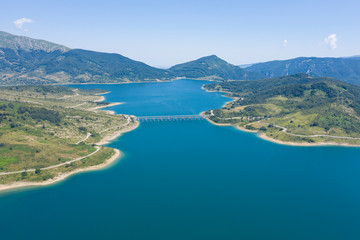 Fototapeta na wymiar aerial view of lake campotosto in the mountain area of gran sasso italy