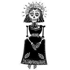 Dia de los Muertos mexican sugar skull. Catarina girl skeleton sits and plays maracas on the day of the death of all saints. Vector skull icon for cards, posters, stickers and professional design.