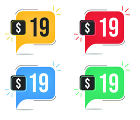 19 dollar price. Yellow, red, blue and green currency tags with balloon concept.