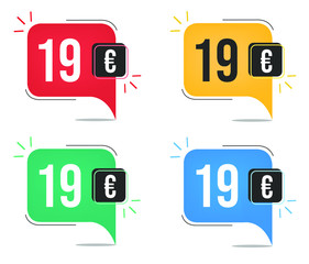 19 euro price. Yellow, red, blue and green currency tags with balloon concept.