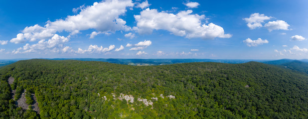 An aerial panorama of Annapolis Rock and South Mountain, located in Washington County, Maryland. Summer season.
