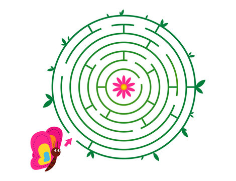 Illustration of grass round labyrinth or maze with butterfly and flower for kids.  Puzzle drawing in simple style for children book or magazine.