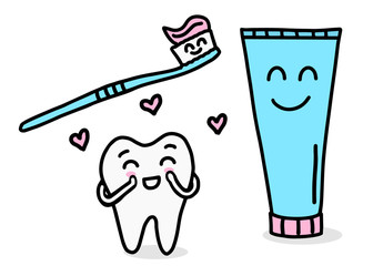 Cute Tooth, toothpaste and toothbrush in Doodle style.Tooth cleaning, brushing. The concept of care for the oral cavity, dentistry. Vector illustration isolated on white background.