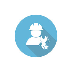 Man with hard hat. Engineer Icon.  repair, fix  sign with long shadow 