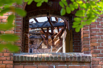 Burned house. Fire damage. A site of fire.