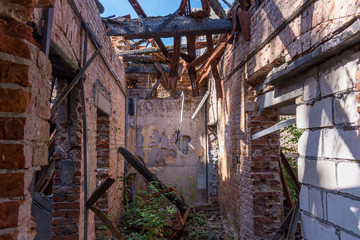 Burned house. Fire damage. A site of fire.